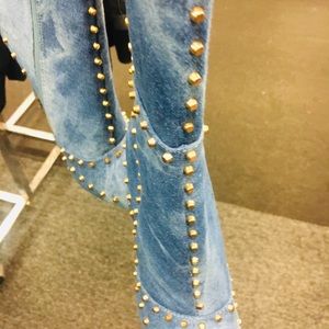 Denim studded thigh high boots